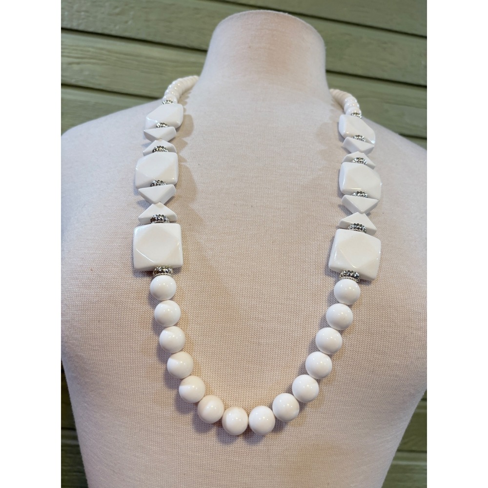 Vintage White Geometric Acrylic Bead Statement Necklace Square Triangle 31 Inch‎